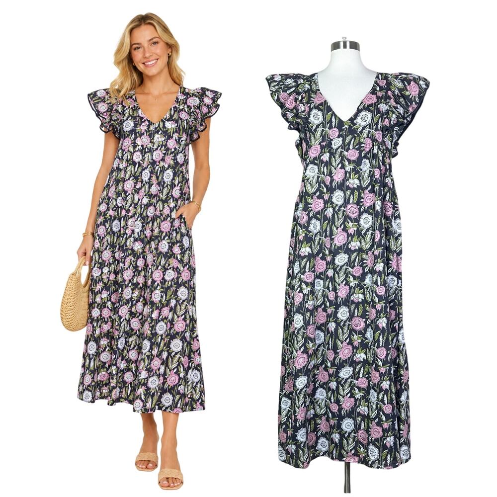 Saylor | Darya Floral Ruffle Sleeve Tiered Midi Dress Pink Medium Anthropologie